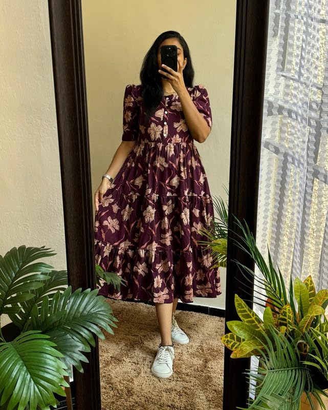Image of Floral Midi Dress for Women - Summer Boho Dress, Lightweight & Breathable, Elegant Floral Print, Casual & Vacation Outfit, Comfortable Flowy Dress for Women
