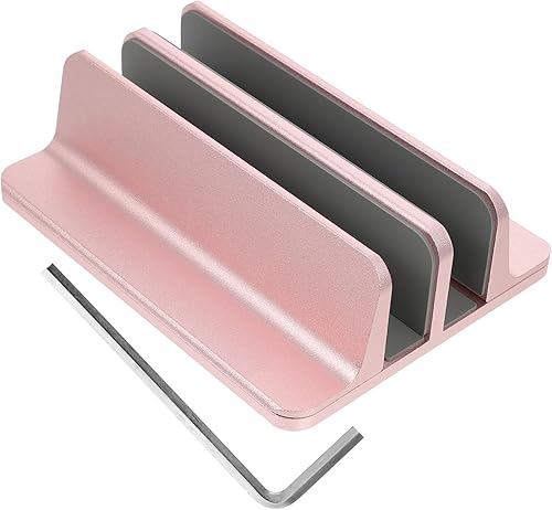 NOLITOY Vertical Laptop Stand Double Slots Holder for Desk Space-Saving Stable Support Fits Laptops Tablets Phones Office Home Rose Gold