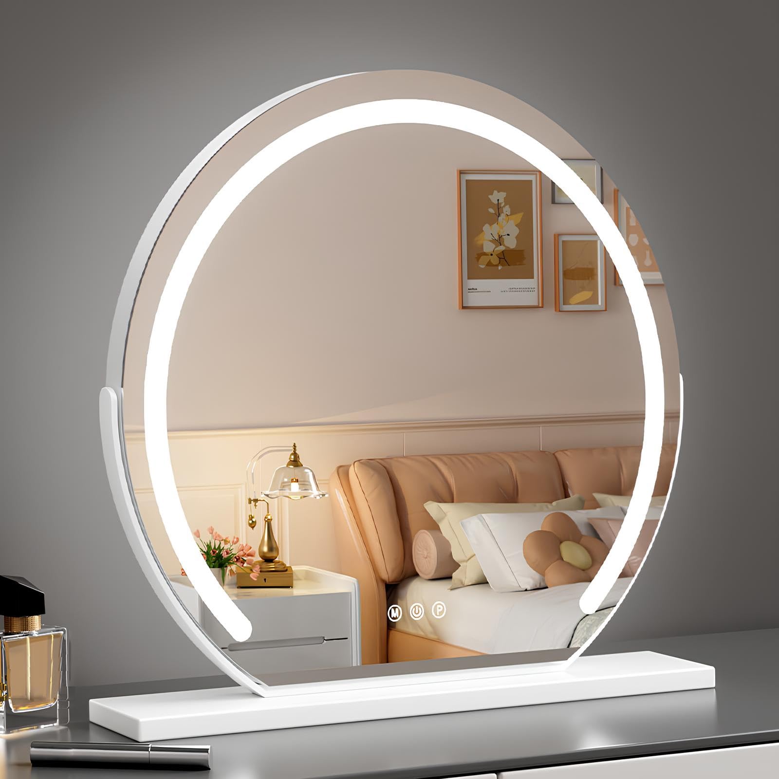 VQWQV Tabletop Illuminated Mirrors, 360° Rotating Makeup Mirror With Lights, Cosmetic Mirror For Vanity Shaving Or Plucking Eyebrow, Touch Switch, 3 Colors Dimmable(White,50cm/19.6in)