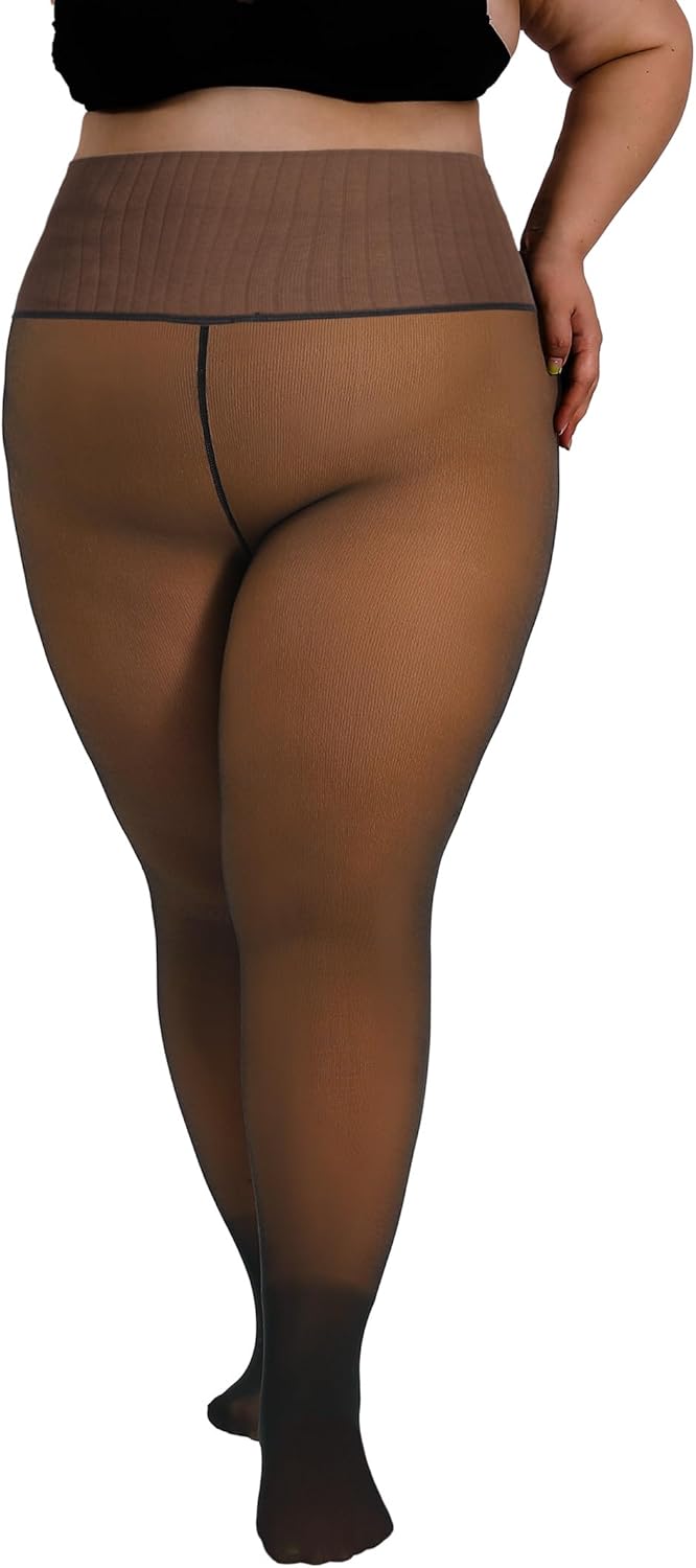 HONENNA High Waist Plus Size Fleece Lined Tights, winter thermal illusion translucent Tights for Women, medias térmicas mujer