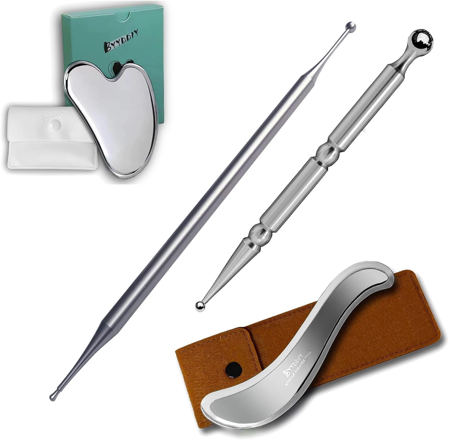 BYYDDIY 4 in 1 Stainless Steel Dual Head Facial Reflexology Tool & Facial Tool Set, Muscle Scraper Tool for Face,Tighten Skin Massage, Guasha Beauty Tool for Body Eyes (s-4in1)