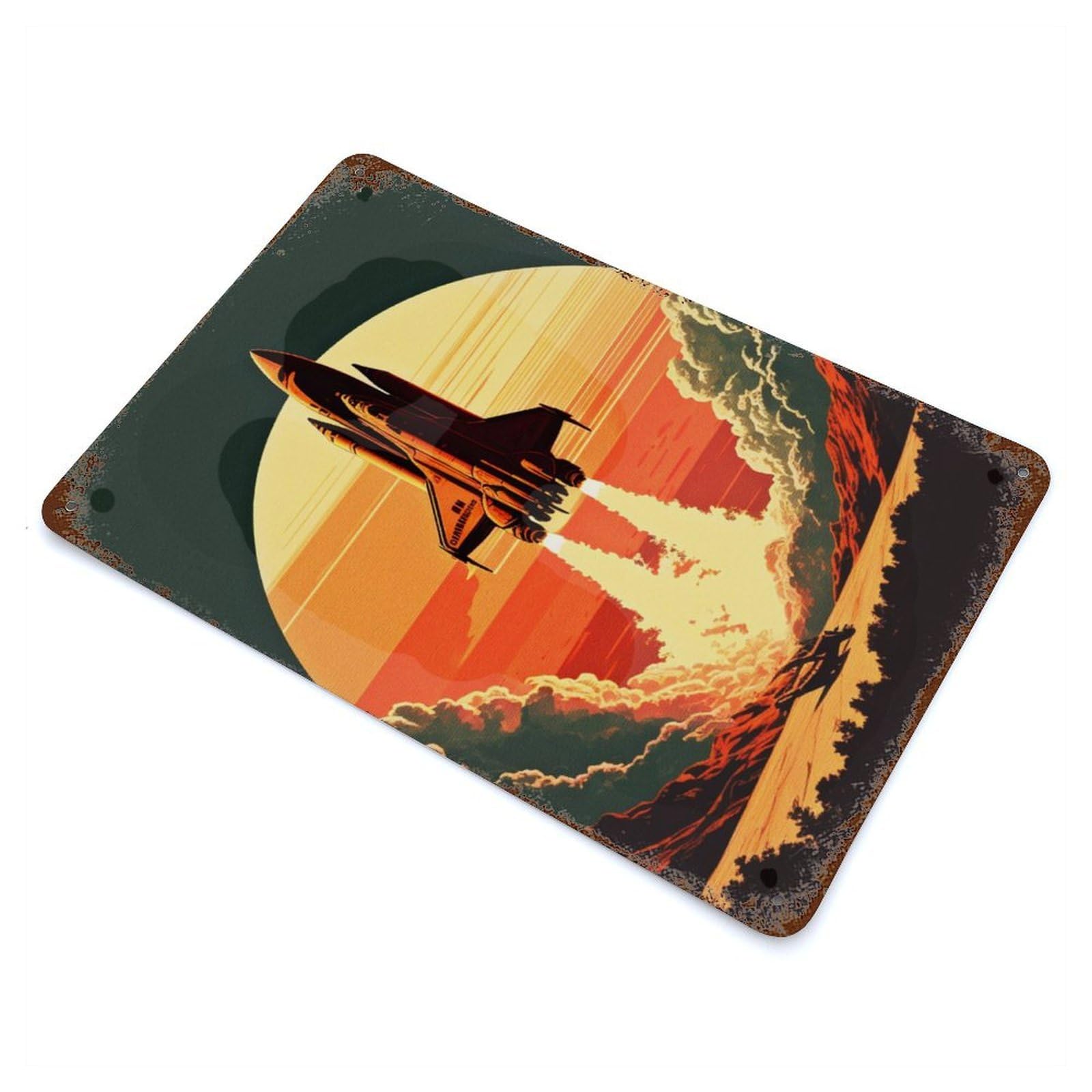 Distressed Metal Wall Sign with Rocket In Space Design 11.8"x7.9", for Living Room, Hallway And Home Decor, Vintage Wall Decor