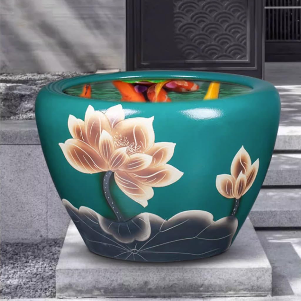 Tanque Peces Acuario Patio al Aire Libre, Tanque de Peces cerámica, balcón, acuicultura Pintada, Lirio Agua, Planta Loto, Lavabo | 41cm