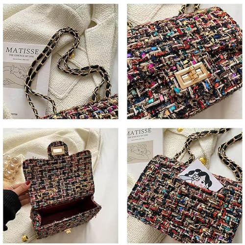 Image of Women Tweed Small Shoulder Bag Handbag and Purse Fashion Ladies Chain Quilted Crossbody Bag Evening Bag Clutch