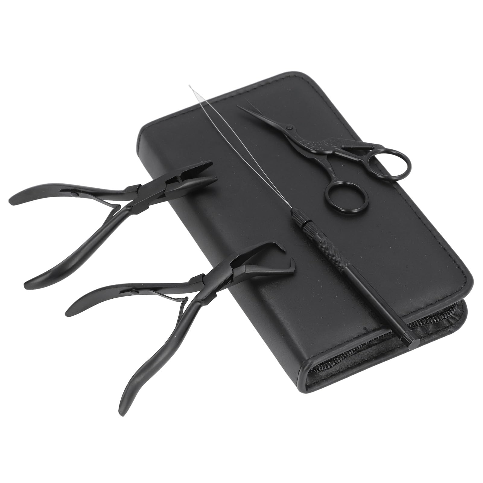 Walmeck Le Kit D'outils D'extension de Cheveux Comprend 4 Pinces en Acier Inoxydable, Boucle de Fil, Crochet Perles, Aiguille, Petits Ciseaux avec Sac Rangement pour Extensi (noir)