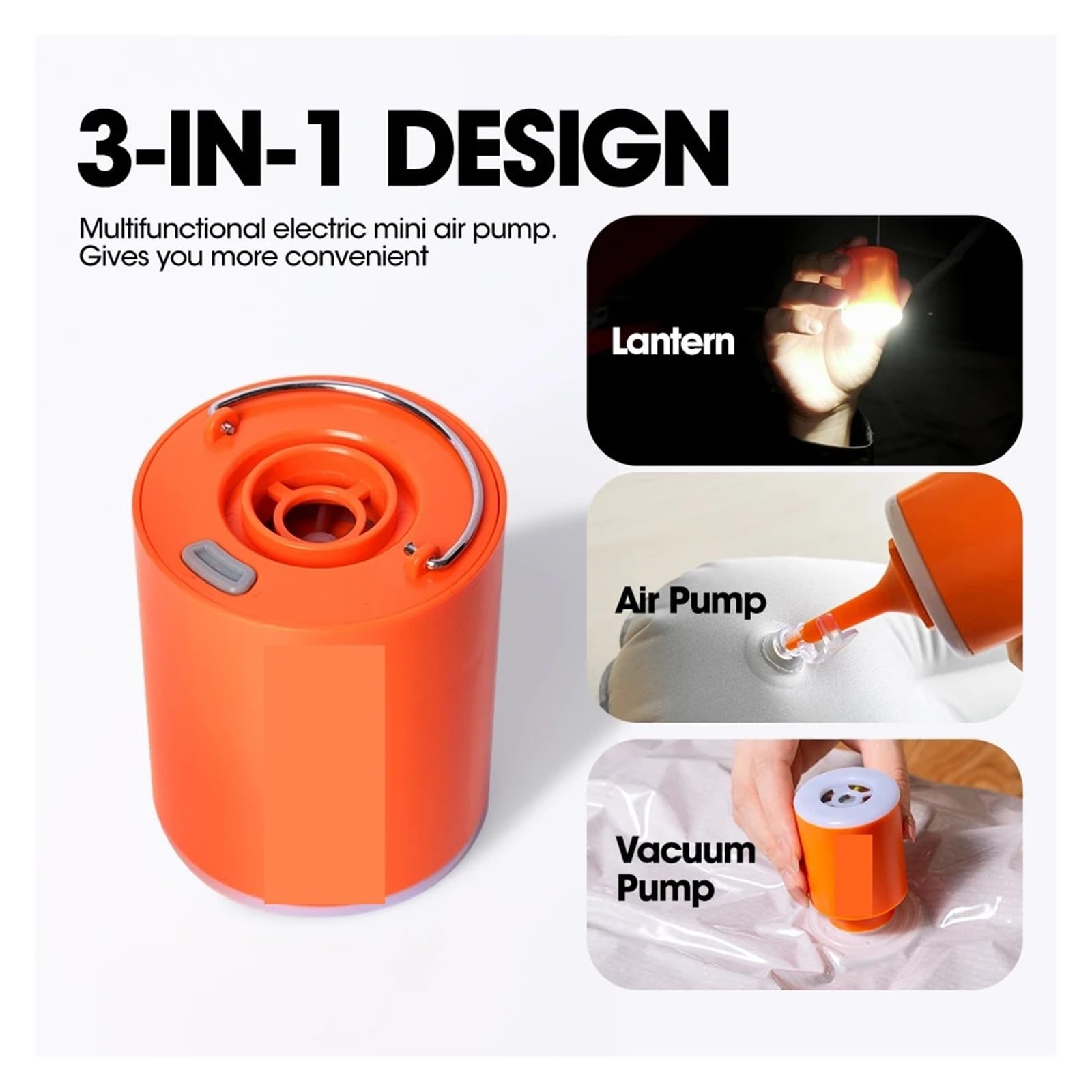 Elektrische Luftpumpe, Mini-Luftpumpe 3 in 1 Outdoor Camping Laterne Vakuumpumpe for Matratze Schwimmring Luftkissen