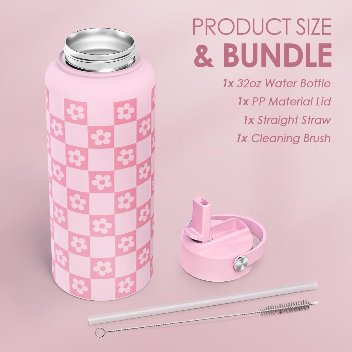 Checkerd Daisy Bottiglia d'acqua 950 ml in acciaio inox con coperchio cannuccia isolata, regalo per donne, ragazze, amici, compleanno, Natale