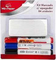 Kit 3 Marcadores de Quadro Branco + Apagador – Cores Clássicas, Ponta Resistente e Apaga Fácil