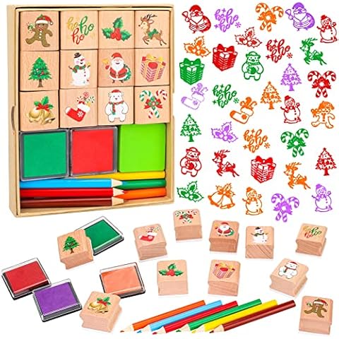 Zayvor Christmas Stamps Set, Wooden Rubber Stamp with Ink Pad Colored Pencil, Holiday Square Craft Stamp for Stamping Scrapbooking Crafting Booking Card Making Stocking Filler,Christmas Favor Gift Cover
