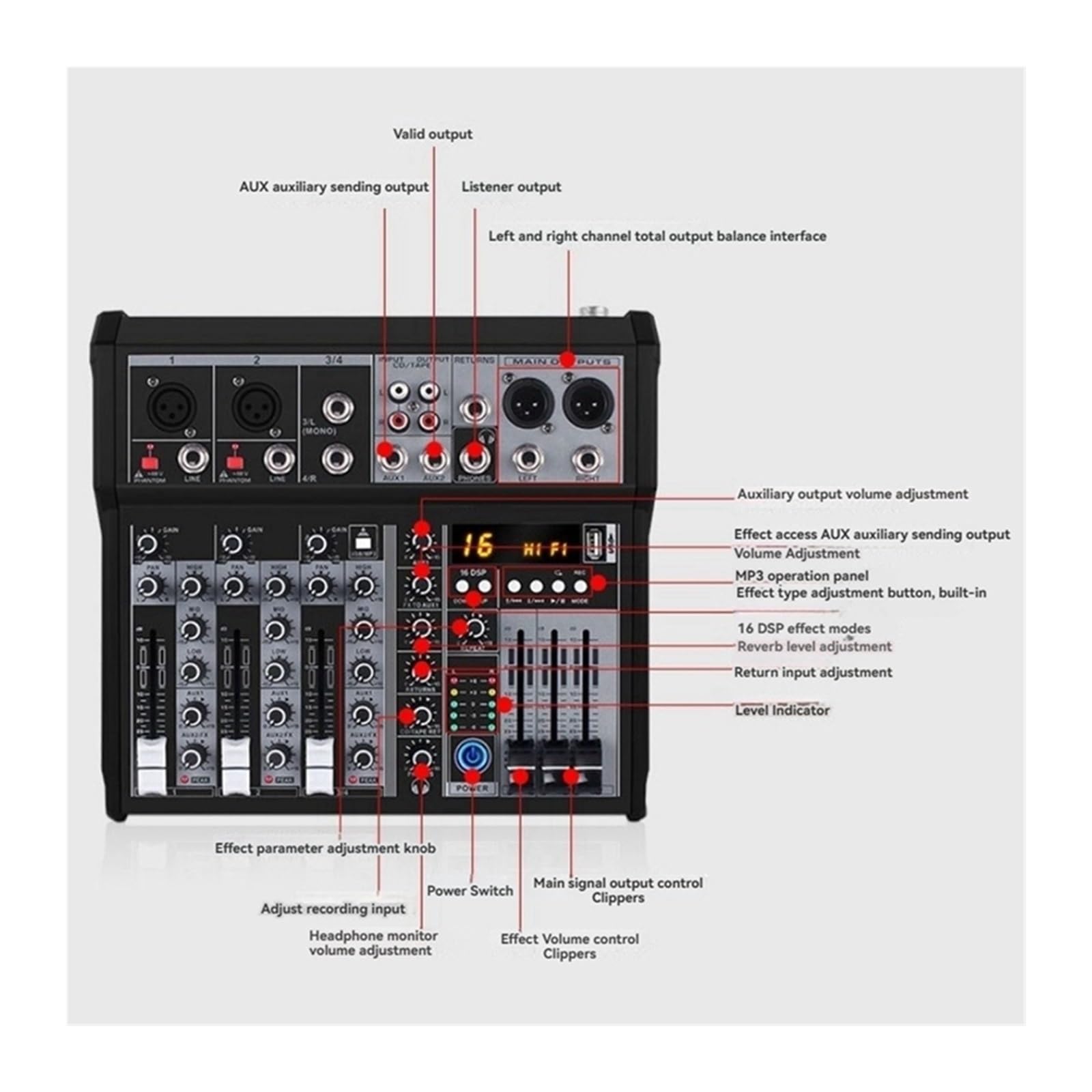 Controller DJ, Mixer Bluetooth a 4 canali, console di missaggio, interfaccia, scheda USB for studio, palco, DJ, casa