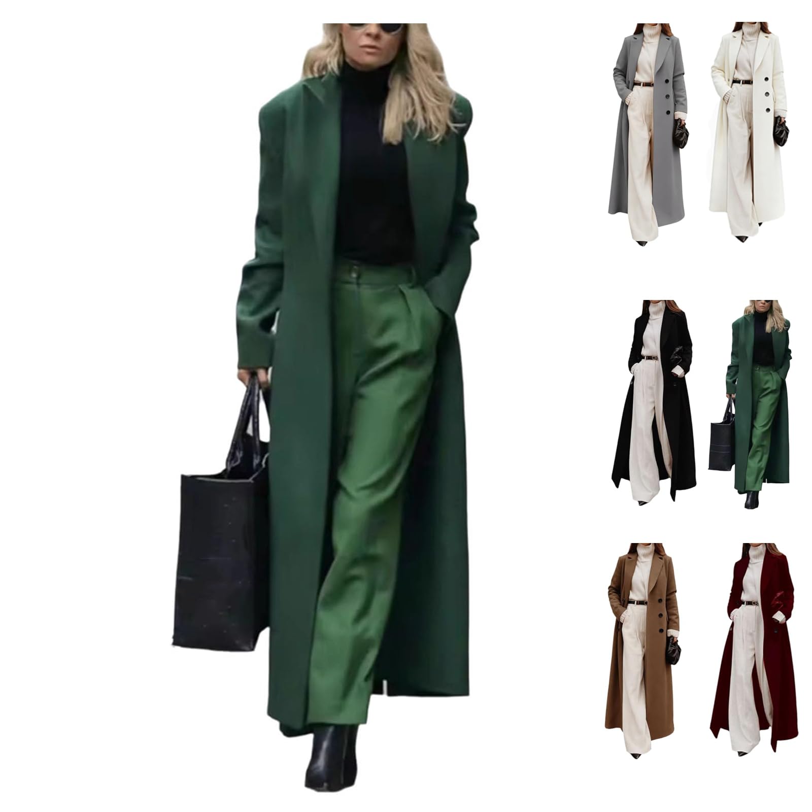 Womens Long Wool Trench Coat Double Breasted Solid Color Winter Overcoat