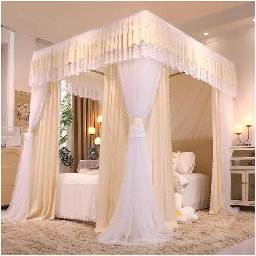 Bed Canopy Mosquito Net Decorative Bed Curtain for Girl's Princess Bedroom with Metal Support (Yellow 180X200cm/71X79inch)