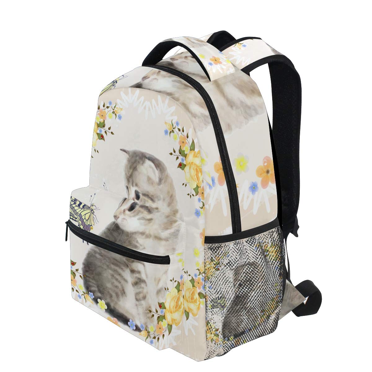 Mnsruu Sac à Dos d'école de Chat et de Rose pour des garçons Filles Enfants Sac de Voyage Bookbag, Taille unique