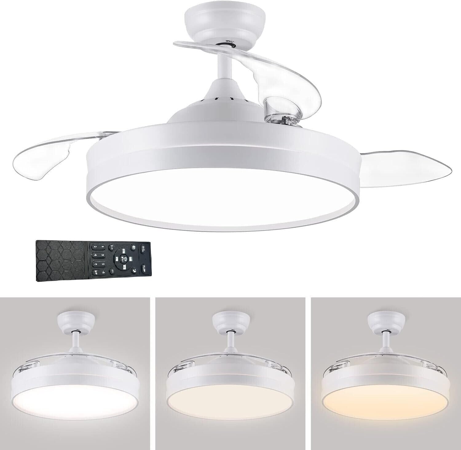 Lampadario da soffitto ventilatore Plafoniera moderna a LED con telecomando e gestibile APP smartphone cambia 3 tonalità luce bianca da 60W, per interni casa cucina soggiorno (Eliche a scomparsa)