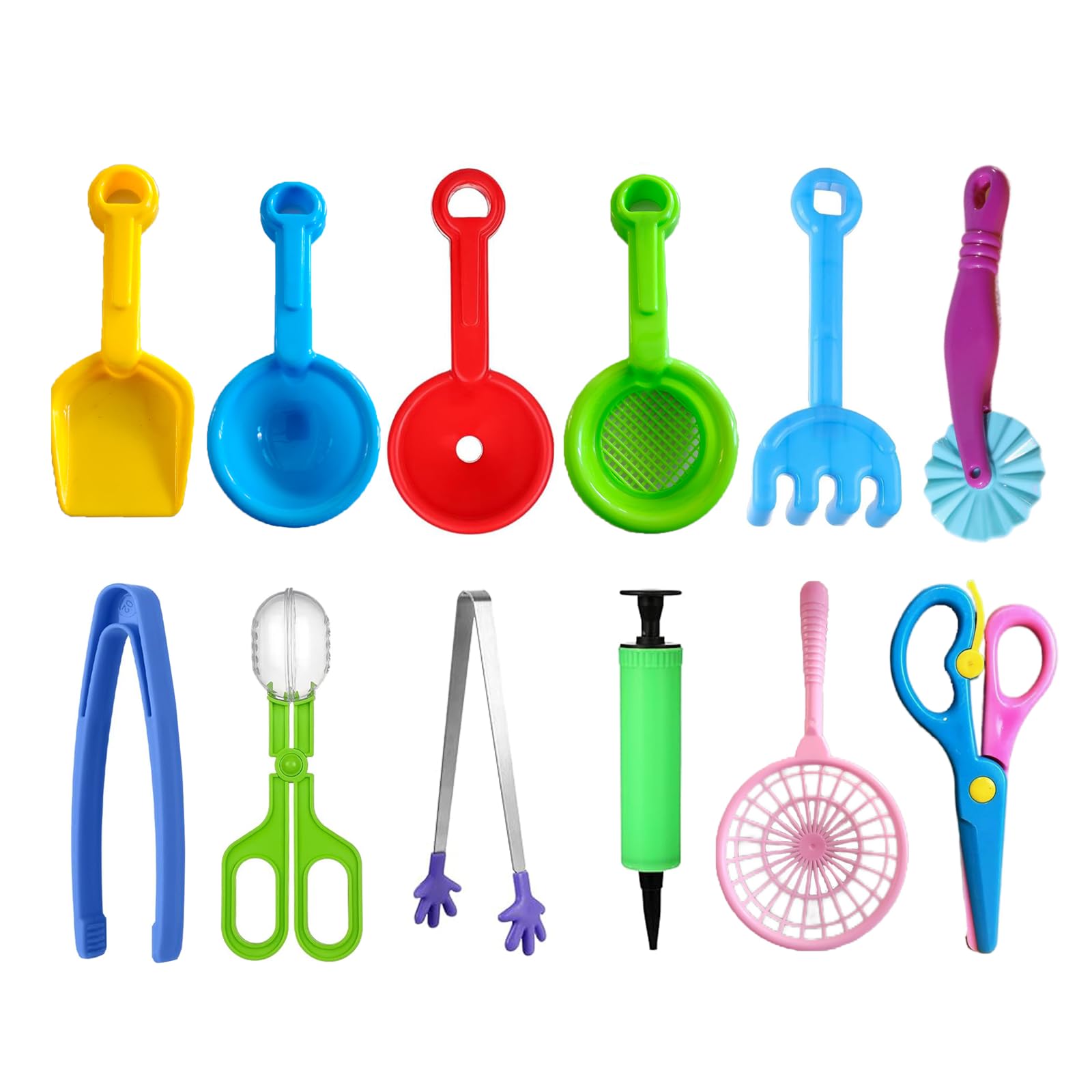 Calefow 12 Pcs Sensory Bin Filler,Sensory Bin Tools, Fine Motor Skills Handy Scooper Set with 5 Scoops, Plastic Tweezers, Silicone Tongs, Beach Shovels, Air Pump, Scissors Clip