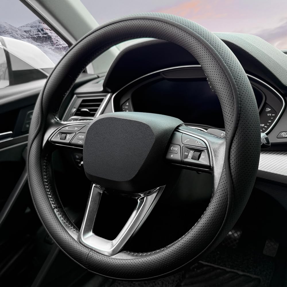 HAOTULE Coprivolante in pelle, con design a strisce antiscivolo, presa migliorata, stile alla moda, sicuro, antiscivolo, traspirante, per interni dell'auto (nero)