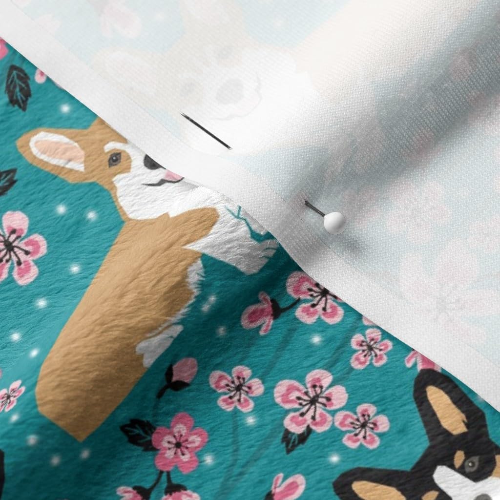 Spoonflower Fabric - Corgi Spring Florals Cherry Blossom Japan Corgis Welsh Summer Puppy Printed on Minky Fabric by The Yard - Sewing Baby Blankets Quilt Backing Plush