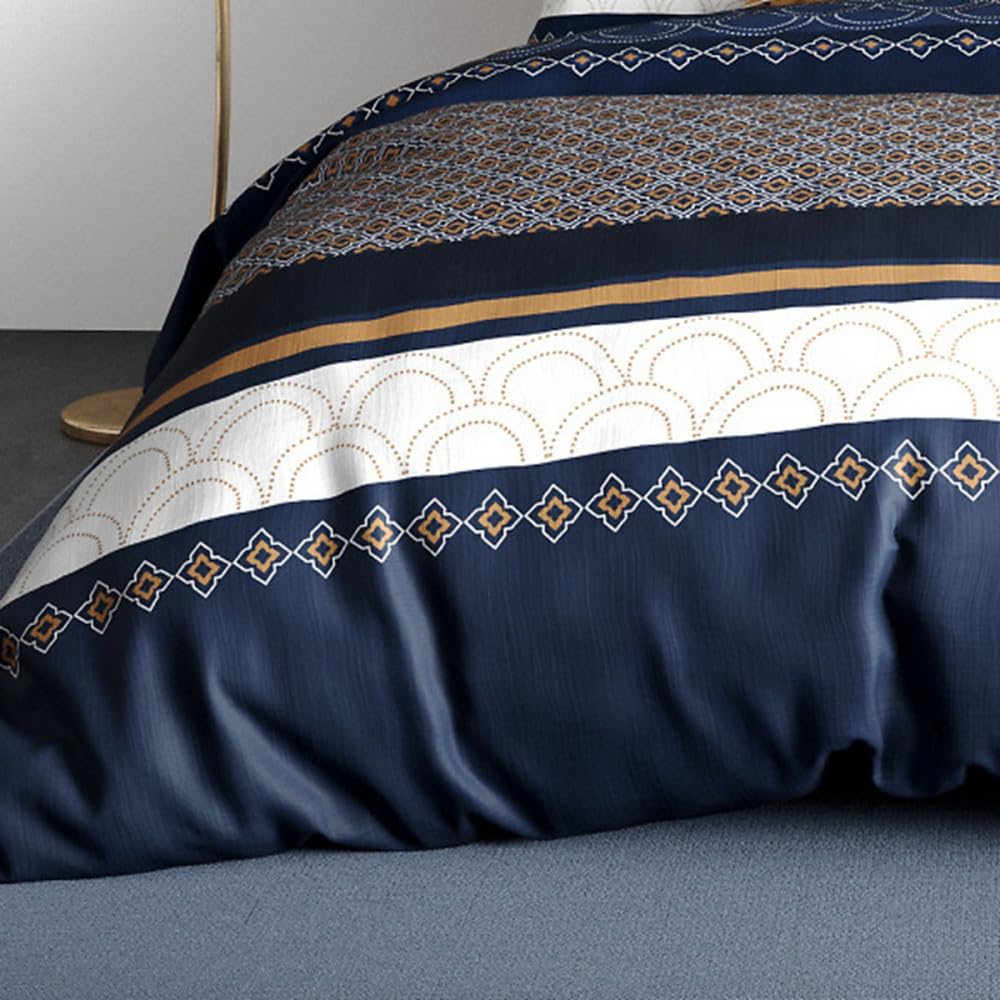 Parure de lit KALYPSO Bleue, Blanc et Ocre - Housse de Couette 220x240 cm + 2 taies 100% Coton 57 Fils - Finition Boutons