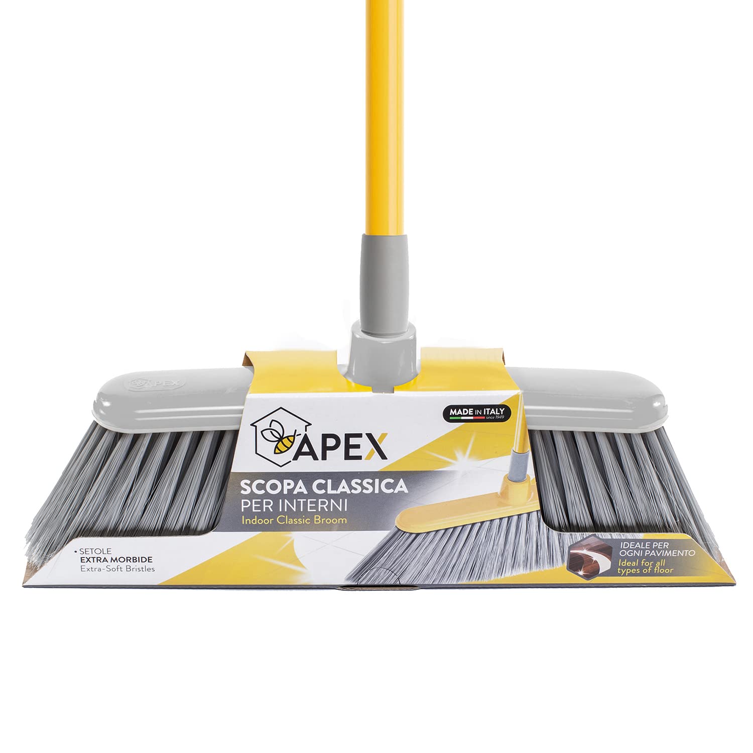 Apex Scopa per Interni con Manico Allungabile da 85 a 141 cm – Setole Morbide Antigraffio, Testa Larga 35 cm – Ideale per Pavimenti Delicati