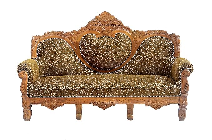 Image of Luxury Antique Sofa Set in a Classic Living Room Setting Solid Teak Wooden Five Seater Sofa Set with Cushion for Living Room | Honey Brown Finish | 208D x 76W x 119H cm (Design5)