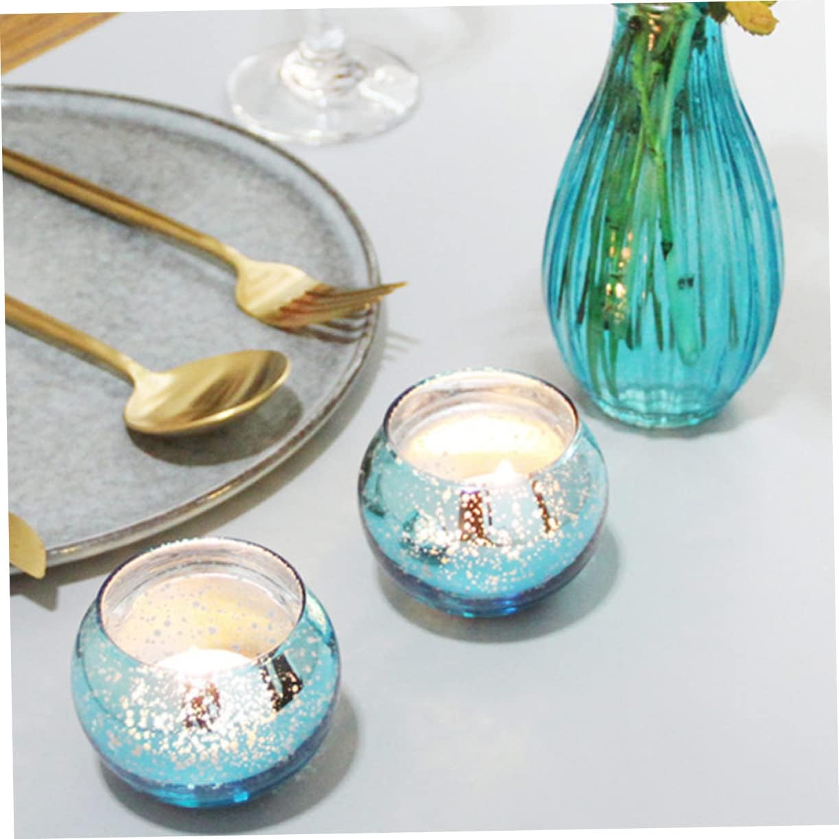 OUNONA Blue Speckled Glass Candleholder Set of 12 Decorative Colorful Candle Holders for Home Decor Modern Simple Design Suitable for Scented Candles for Weddings and Parties