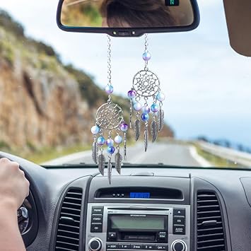 قلادة مرآة الرؤية الخلفية للسيارة Dreamcatcher باللون الأزرق، قلادة ديكور السيارة الداخلية المعلقة للرجال والنساء