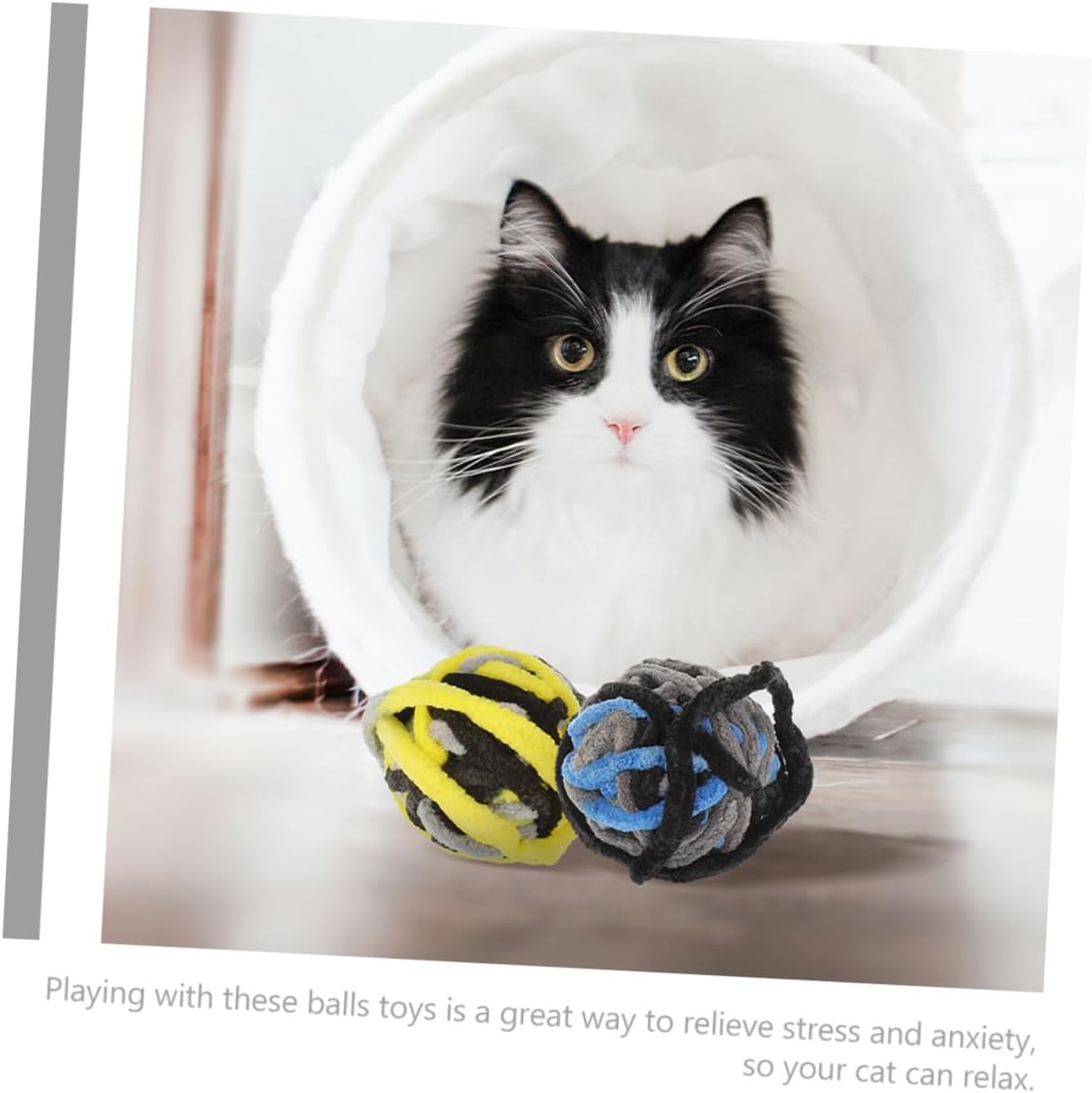 8pcs Cat Plush Balls with String Yarn Soft Interactive Chew for Indoor Kittens Blue and Yellow Set