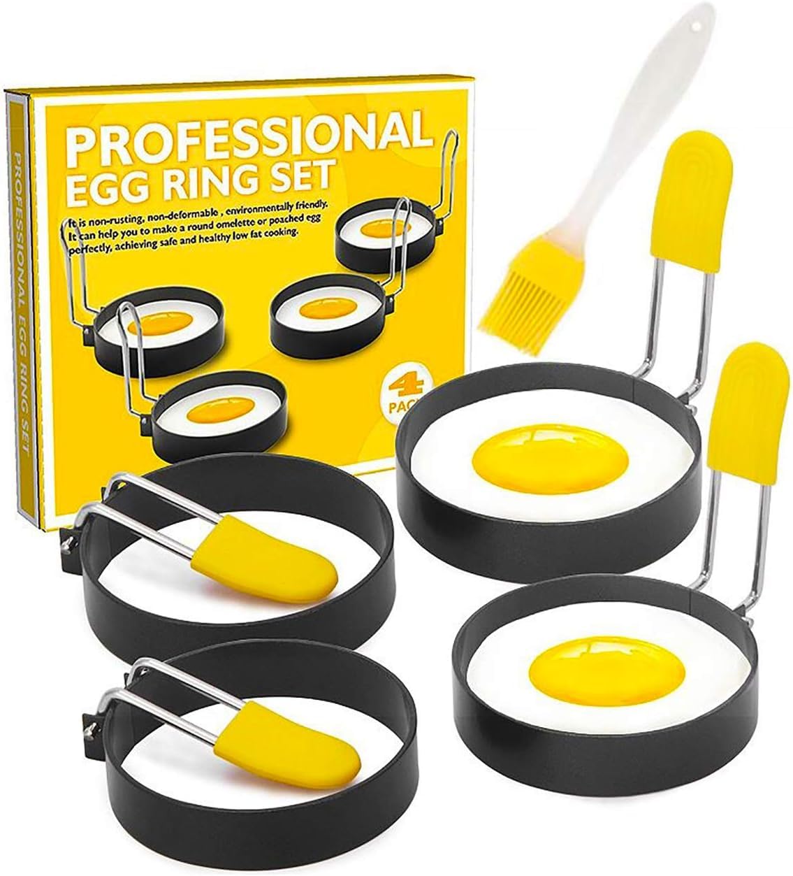 TURBID Egg Rings 3 Inch Nonstick Stainless Steel Egg Mold for Cooking, Pancake Maker with Silicone Handle, Eggs Separator, Oil Brush - Ideal Egg Cooker for Perfect English Muffins & Egg Pan (Set of 4)