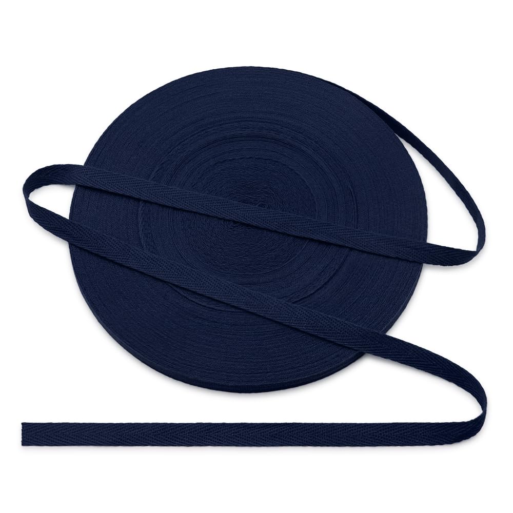 Jamsinmu Cotton Bias Binding Tape 10 mm, Herringbone Tape Cotton Tape with Herringbone Pattern, Cotton Strap Tape 10 mm, Cotton Ribbon 1 cm, Dark Blue C100, 45 Yards