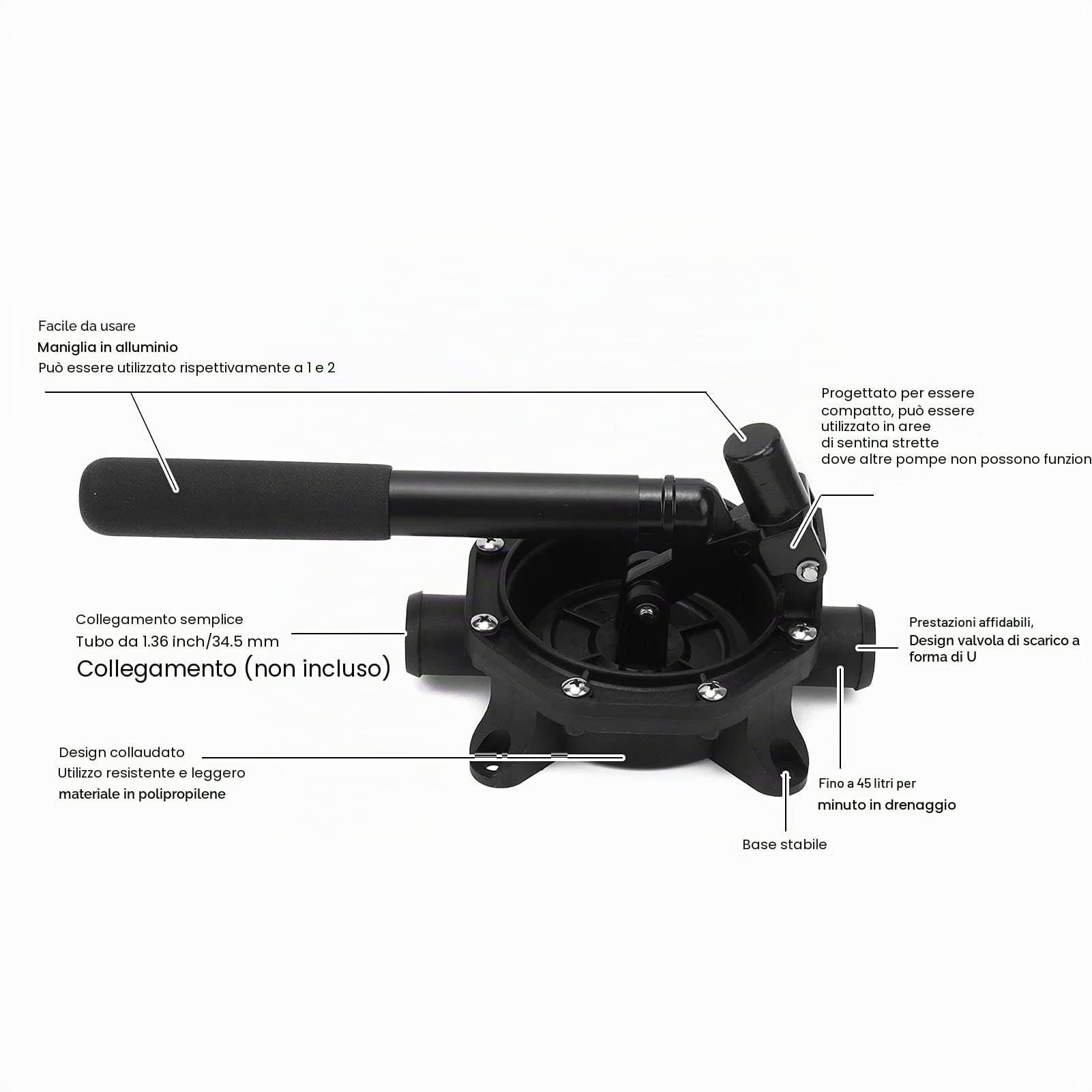 Pompa a Membrana Manuale, Pompa di Sentina a Membrana Manuale per Barca Autoadescante 2724 LPH/720GPH 2 Posizioni in Lega di Alluminio + Impugnatura in ABS per Tubo Flessibile di Diametro 33 Mm