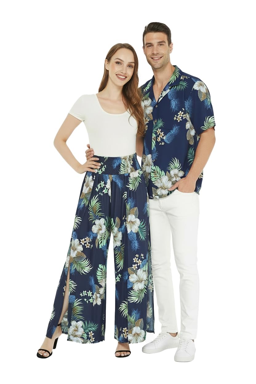 Matchable Couple Hawaiian Luau Shirt or Wide Legged Pants in Pineapple Garden Navy