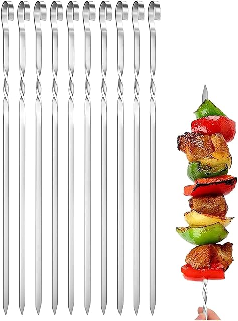 Kebab Skewers, 10PCS Stainless Steel BBQ Grilling Skewers Flat Reusable Metal Skewer Sticks forOven, Barbecue, Camping Cooking, Cocktail, Shish Kabob, Party Essentials - 30cm