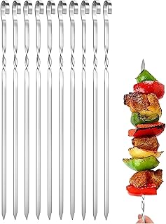 Kebab Skewers, 10PCS Stainless Steel BBQ Grilling Skewers Flat Reusable Metal Skewer Sticks forOven, Barbecue, Camping Cooking, Cocktail, Shish Kabob, Party Essentials - 30cm
