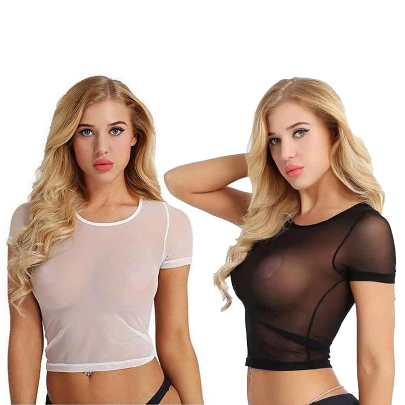 Women's Mesh Crop Tops, 2 Pack Sexy See Through Short Sleeve Vest, Long Sleeve Round Neck Slim Fit Shirt Sheer Blouse T Shirt Casual Basic Crop Tops for Party Clubwear