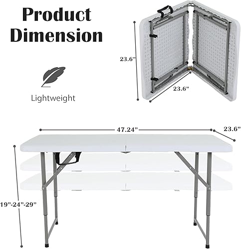 Miniatura 2 de Mesa plegable portátil de 4 pies, mesa de plástico plegable de altura ajustable, mesa de banquete plegable con asa, mesas de fiesta para picnic en