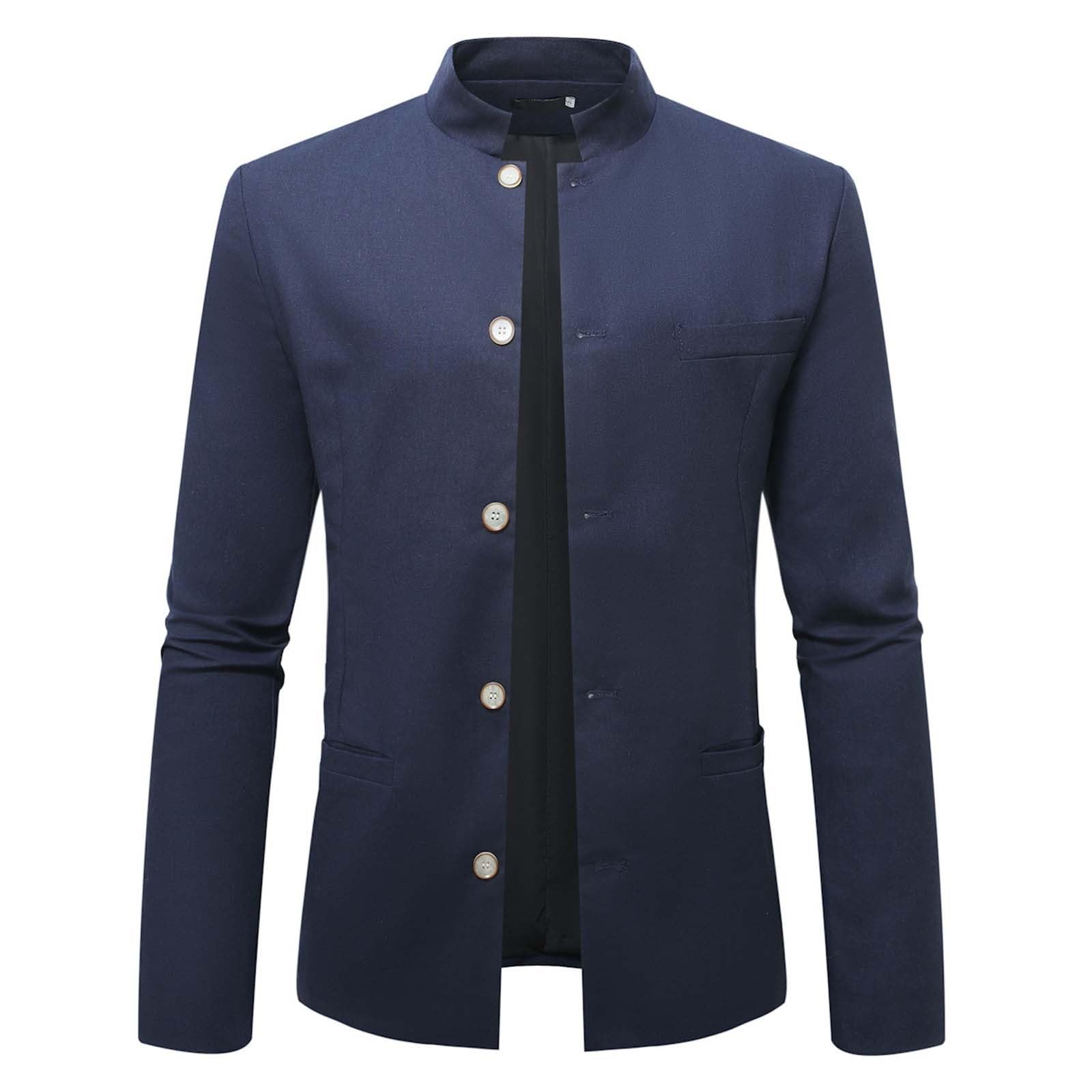 Generisch Sakko Business Casual Stehkragen Jacke mit Knöpfen Traditionelle Zhongshan (Navy, L)