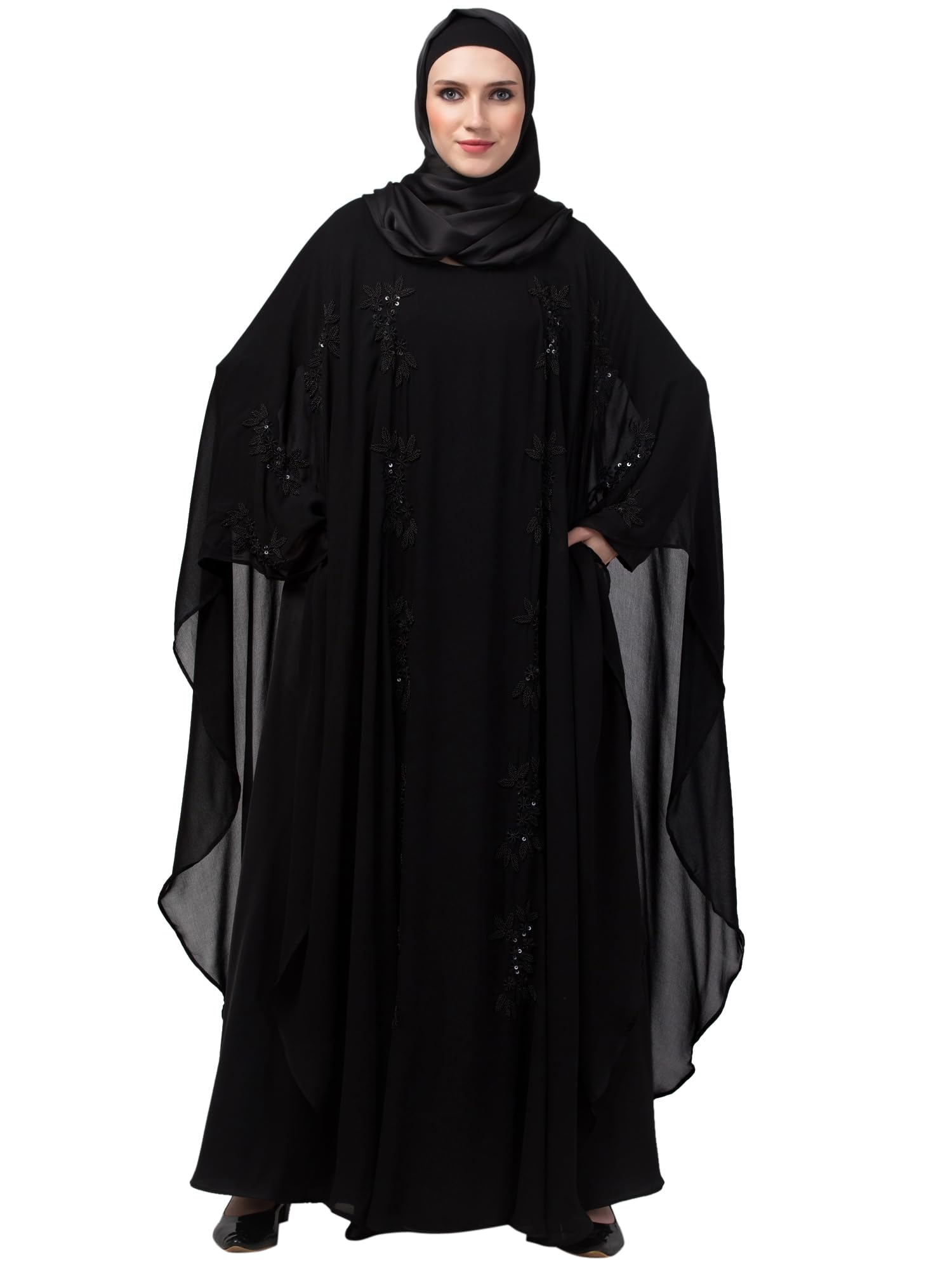 NAZNEEN black hand embroidery butterfly double layer Abaya-image-48