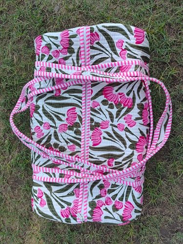 Indian Block Print Quilted Bag, Decorative Floral Print Weekender Bags, Beautiful Colorful Travel Overnight Bags, Large Size Handmade Cotton Quilted Duffle Bags For Women Gifts3
