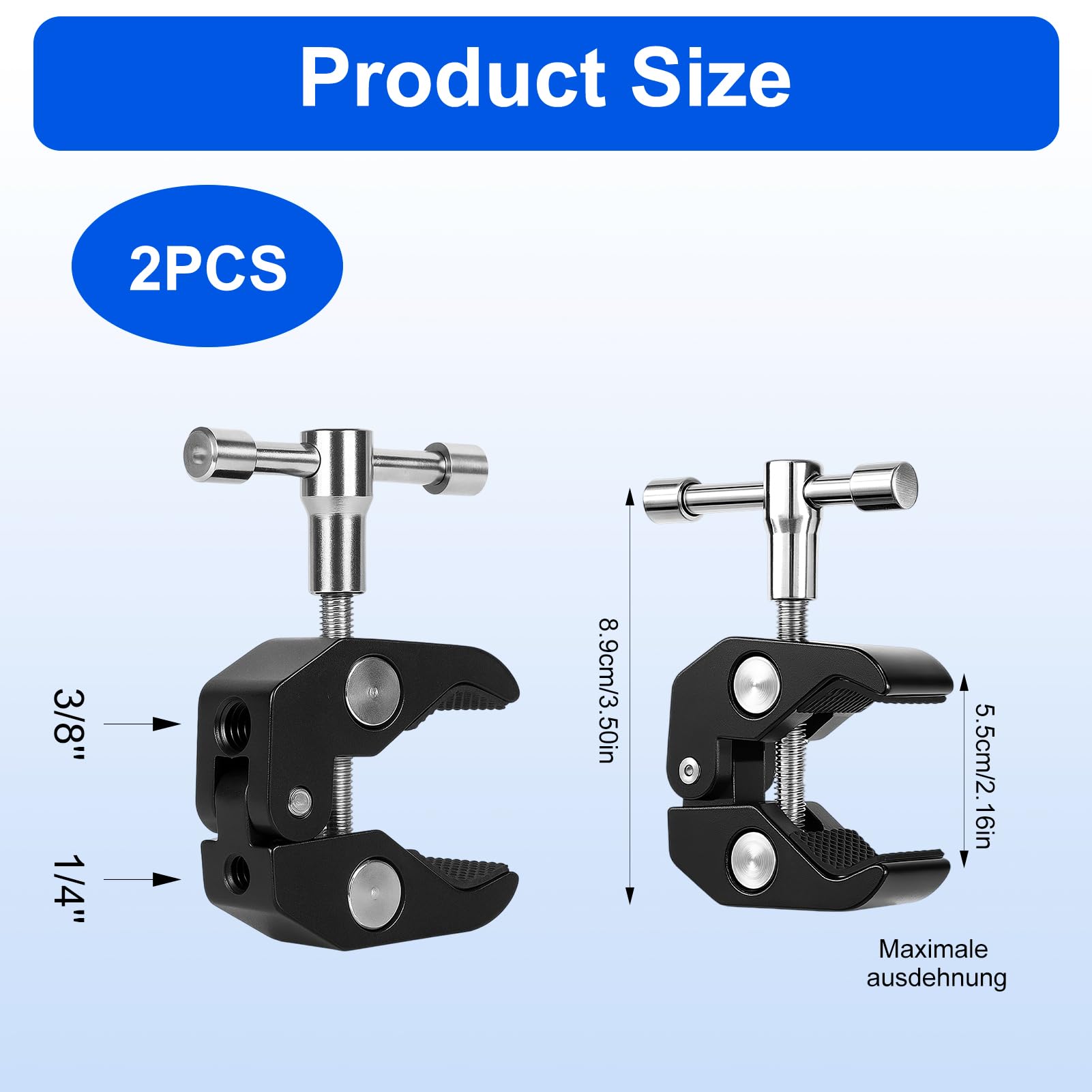 Lot de 2 Super Clamps pour appareil photo, Super Clamp avec bras magique, support de serrage universel pour filetages 1/4 et 3/8 pouces, alliage d'aluminium robuste, pinces antidérapantes pour apparei