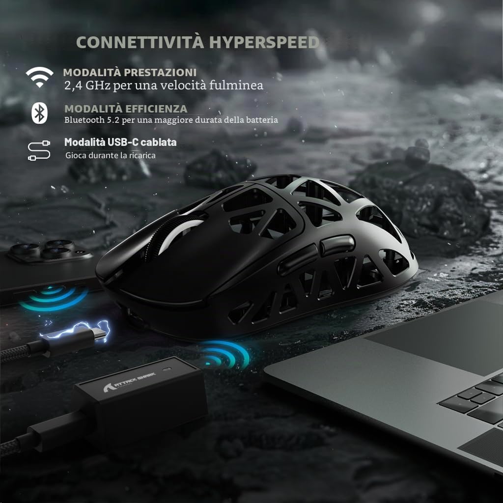 ATTACK SHARK R2PRO 45g SUPERLIGHT Gaming Mouse in Lega di Magnesio, PixArt PAW3950, 42000DPI, Wireless 8000Hz Tasso di Polling, G502 Mouse da Gioco, 2.4G/BT/Cablato, con Cavo a Spirale, PC/Mac, Nero