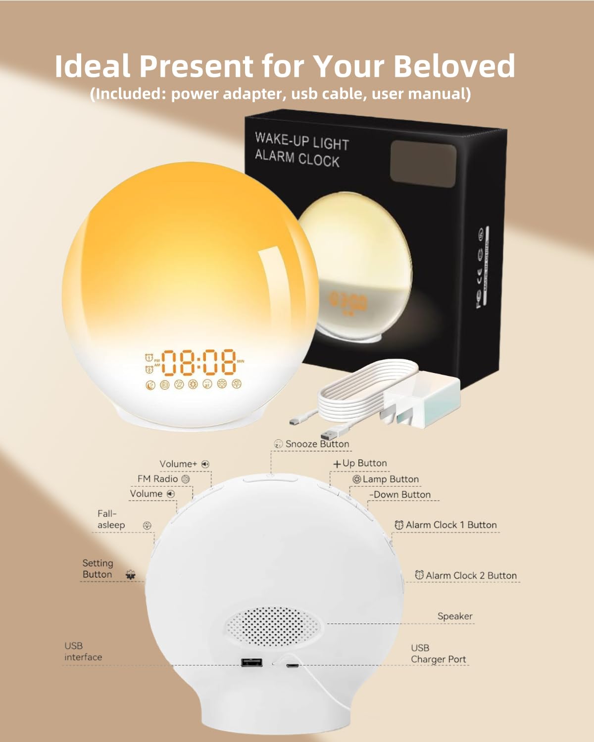 Tuerthy Reveil Lumineux, Réveil Intelligent pour Enfants Adultes, Reveil Matin Simulateur d'Aube et Crépuscule, Snooze,7 Sons Naturels, FM Radio Réveil, Veilleuse LED 7 Couleurs, Lampe de Chevet