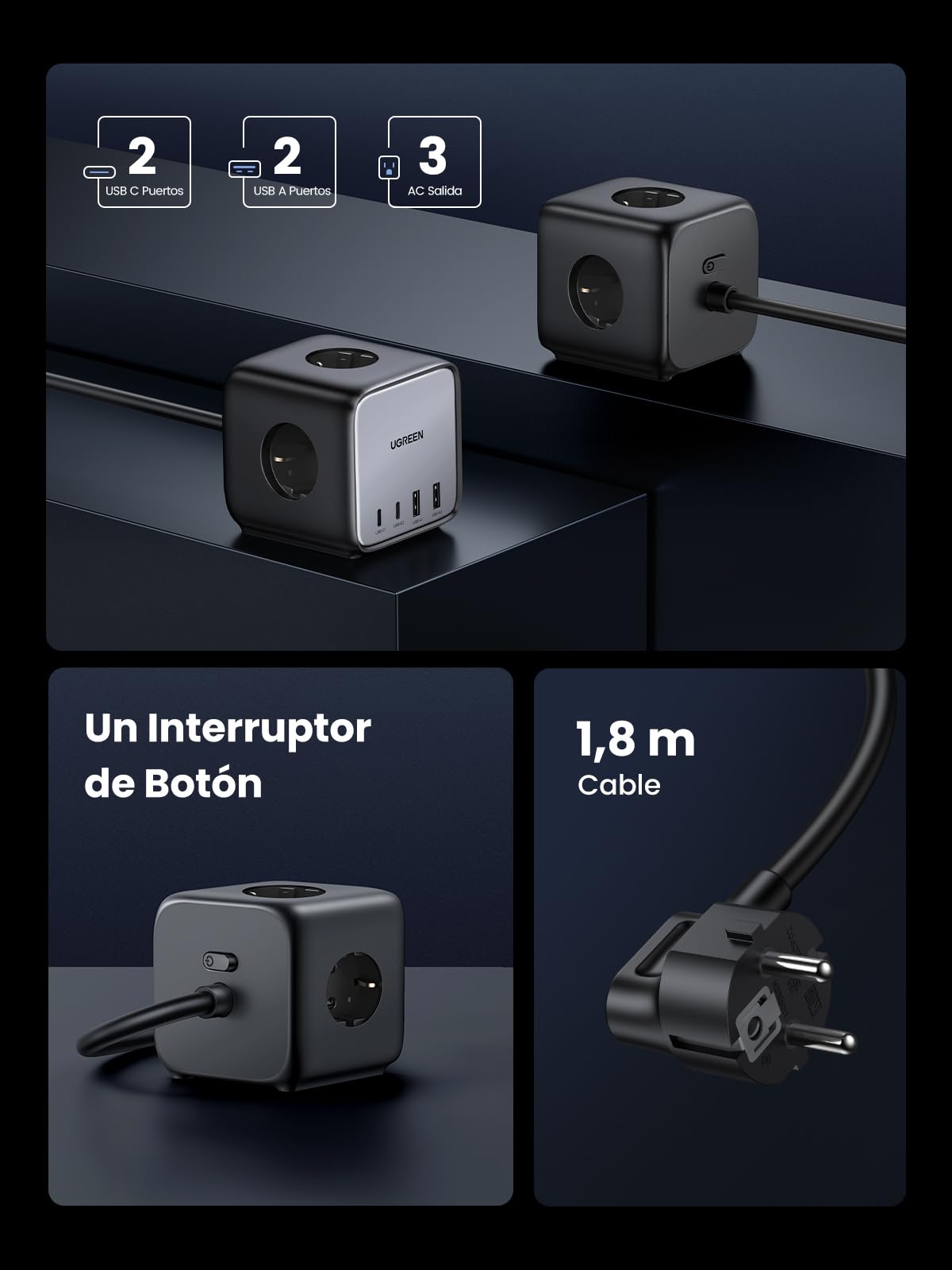 UGREEN Nexode DigiNest Cube 7 en 1 - Regleta USB Cube 65 W, 3 enchufes y 4 Puertos USB, Carga rápida, GAN Tech, Compatible con iPhone 16 Plus Pro MAX 15, 14, 13 MacBook Pro Air M3 M2 M1 Galaxy S24
