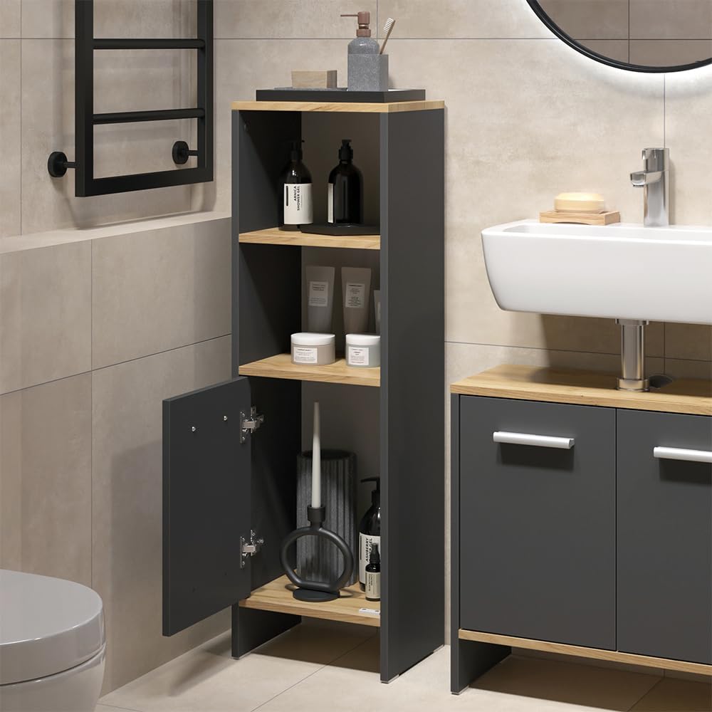 Vicco Set di mobili da bagno Karli, Antracite/Rovere dorato, 131.4 cm, composto da mobile sottolavabo, specchiera e colonna alta