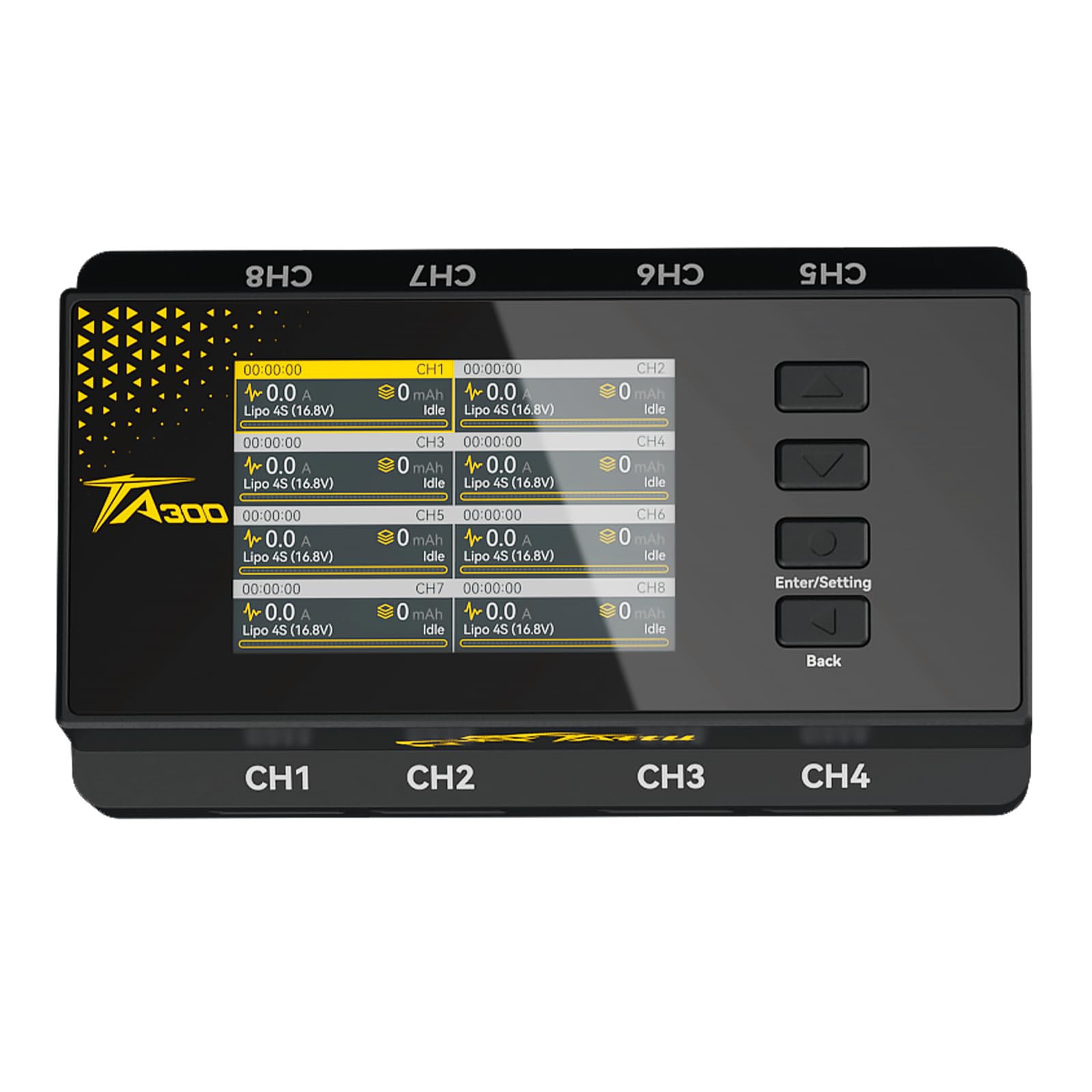 TATTU TA300 Cargador LiPo 8 Canales AC/Type-C 60W, Cargador Inteligente para Drone Soccer (Baterías 2S 3S 4S LiHV), Salida Independiente 8x30W, MAX 2A con Modo Almacenamiento