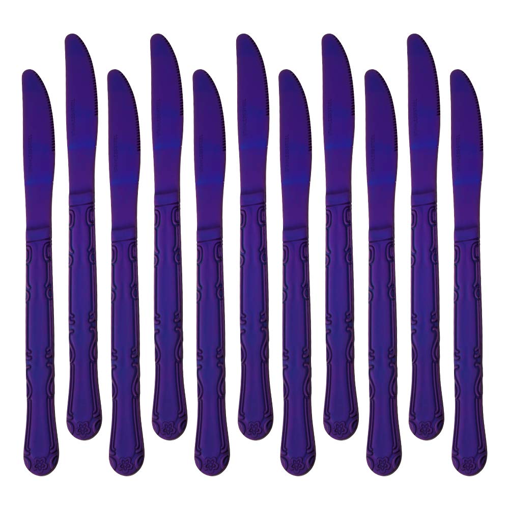 QIBOORUN Dinner Knives, 12-piece Stainless Steel Dinner Knives, Purpleutter Knives, Flower Edge Table Knives Classic Flatware Set, Knives for home, Kitchen or Restauran, 8.6 Inches -Purple