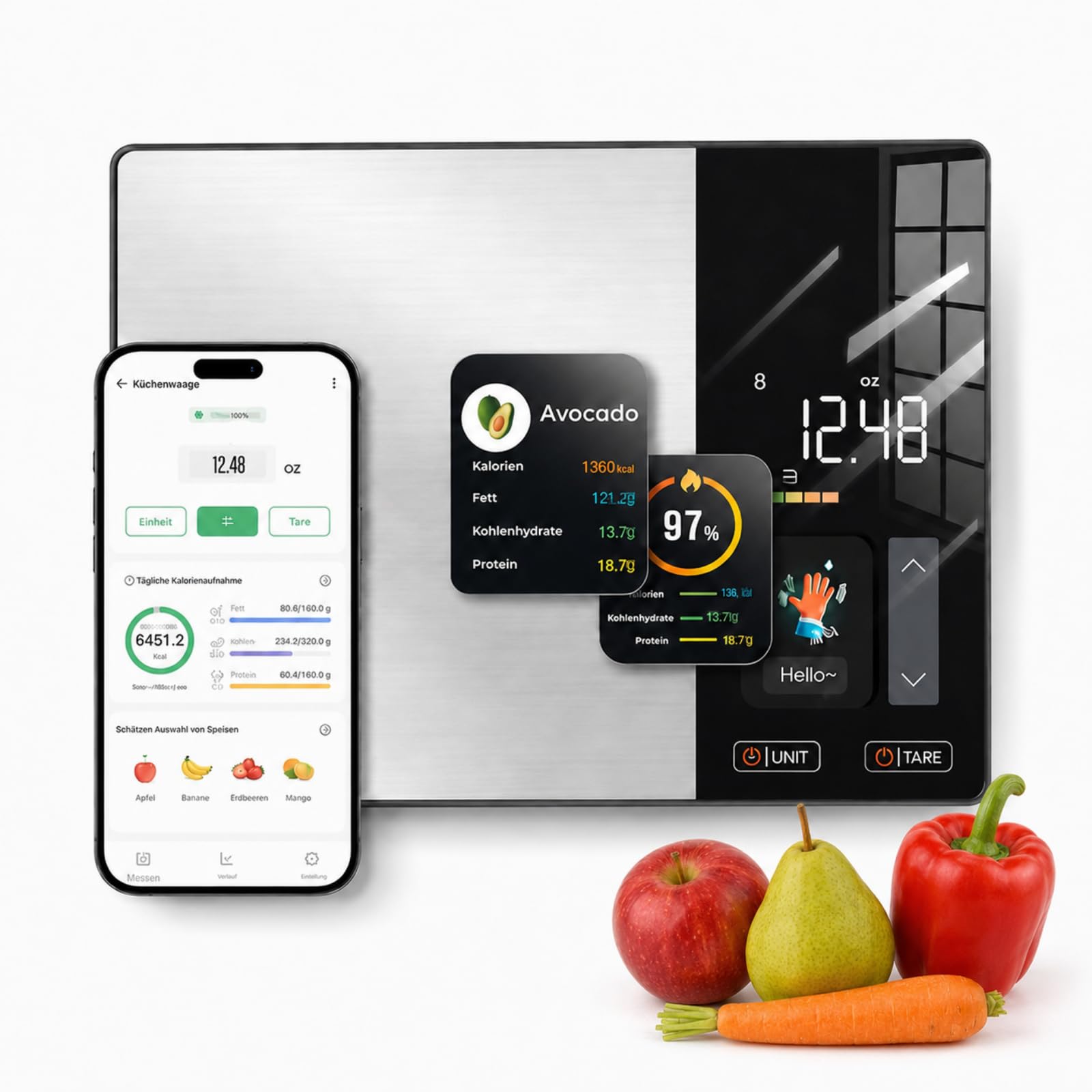Smartvita Küchenwaage- Smarte Ernährungswaage Mit Präziser Messung Für Kalorien Portionen Backen Kochen Kaffee Und Edelstahl Küche