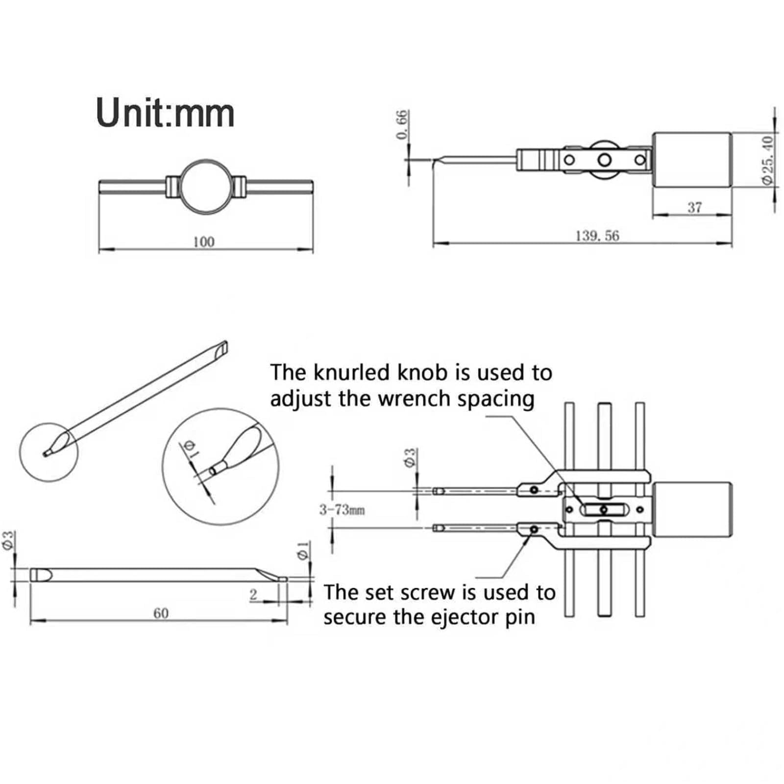 Optischer Sprengringschlüssel, verstellbarer 3-73 mm Bereich für Spiegelring-Installation und Entfernung, ideal für Mechaniker und Labor