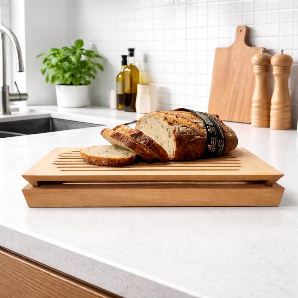 Brotschneidebrett mit Krümelrost - 2-teiliges Praktisches Krümelfach Brotbretter Holz Schneidebrett mit Auffangschale