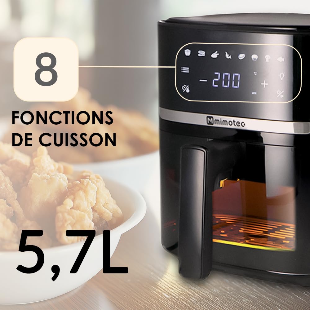 M mimotec – Air Fryer Biota Touch 5,7L Freidora de Aire sin Aceite, 1700W, 8 Menús Digitales, Pantalla Táctil, Temporizador 60min regulable, 80-200°C, Reducción de Grasa para Cocina Saludable