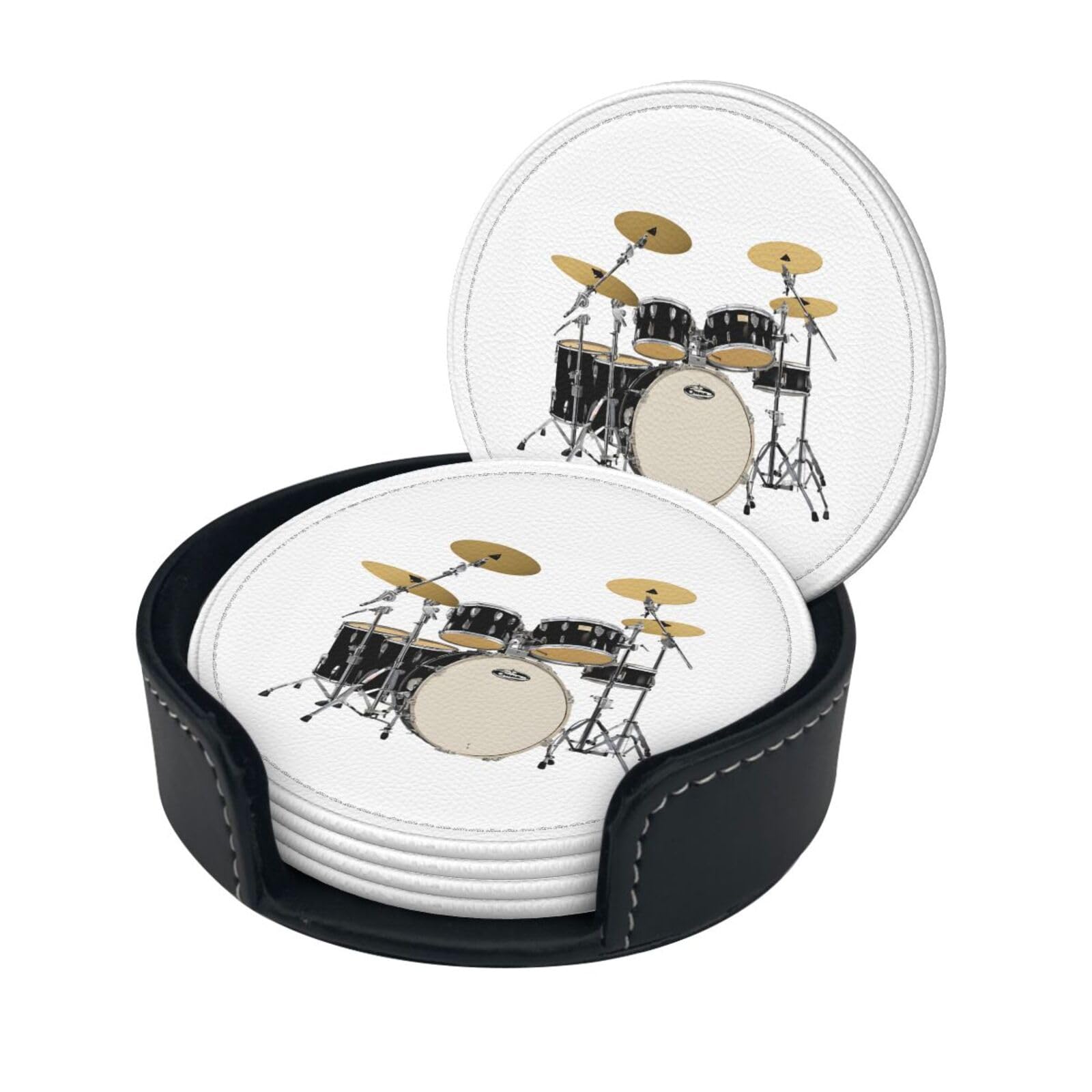 Jazz Drum Print Coaster,Round Leather Coasters with Storage Box for Wine Mugs,Cold Drinks and Cups Tabletop Protection (6 Piece)